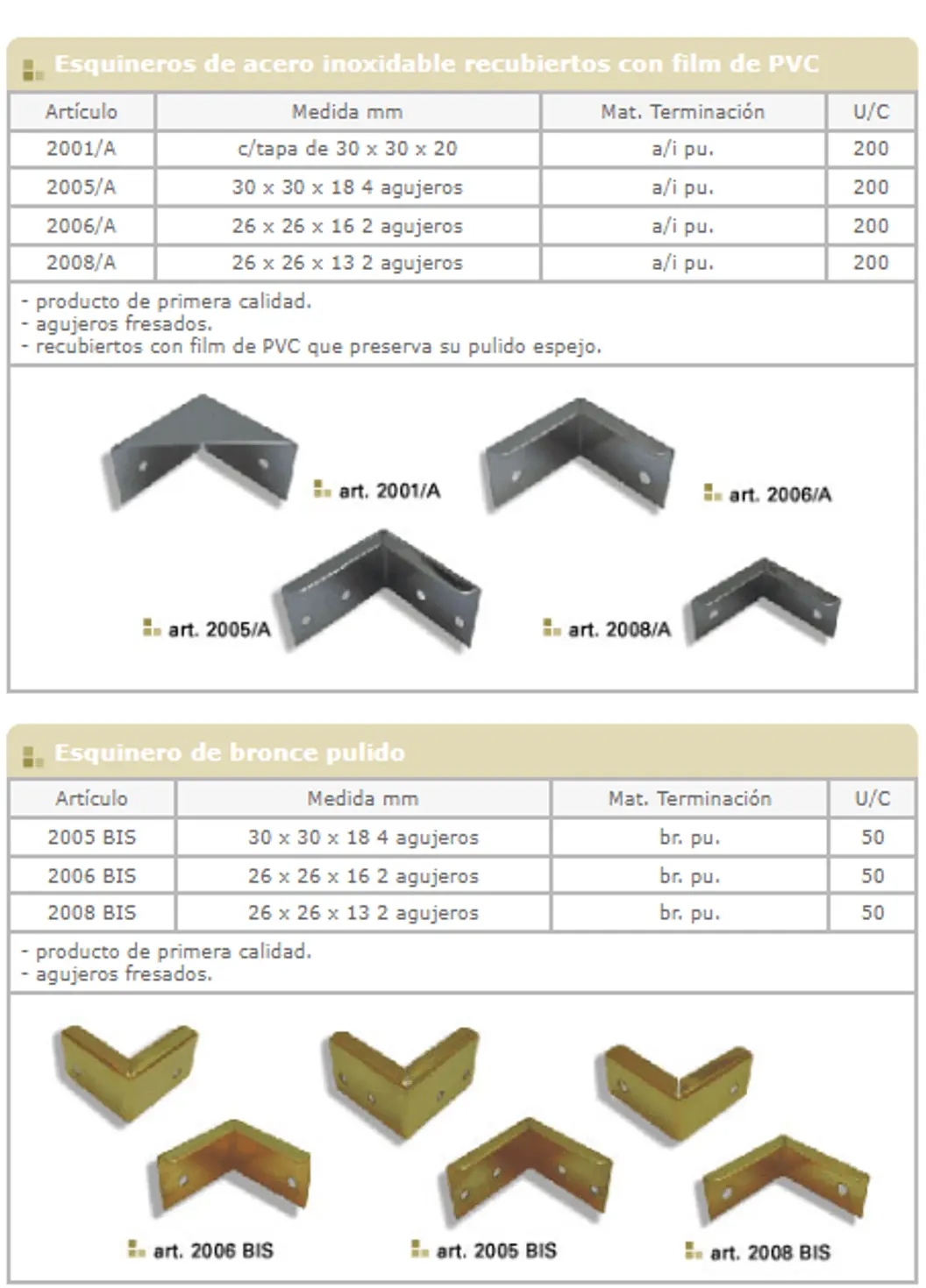 Soportes y grampas para espejo — ficha de catálogo 1