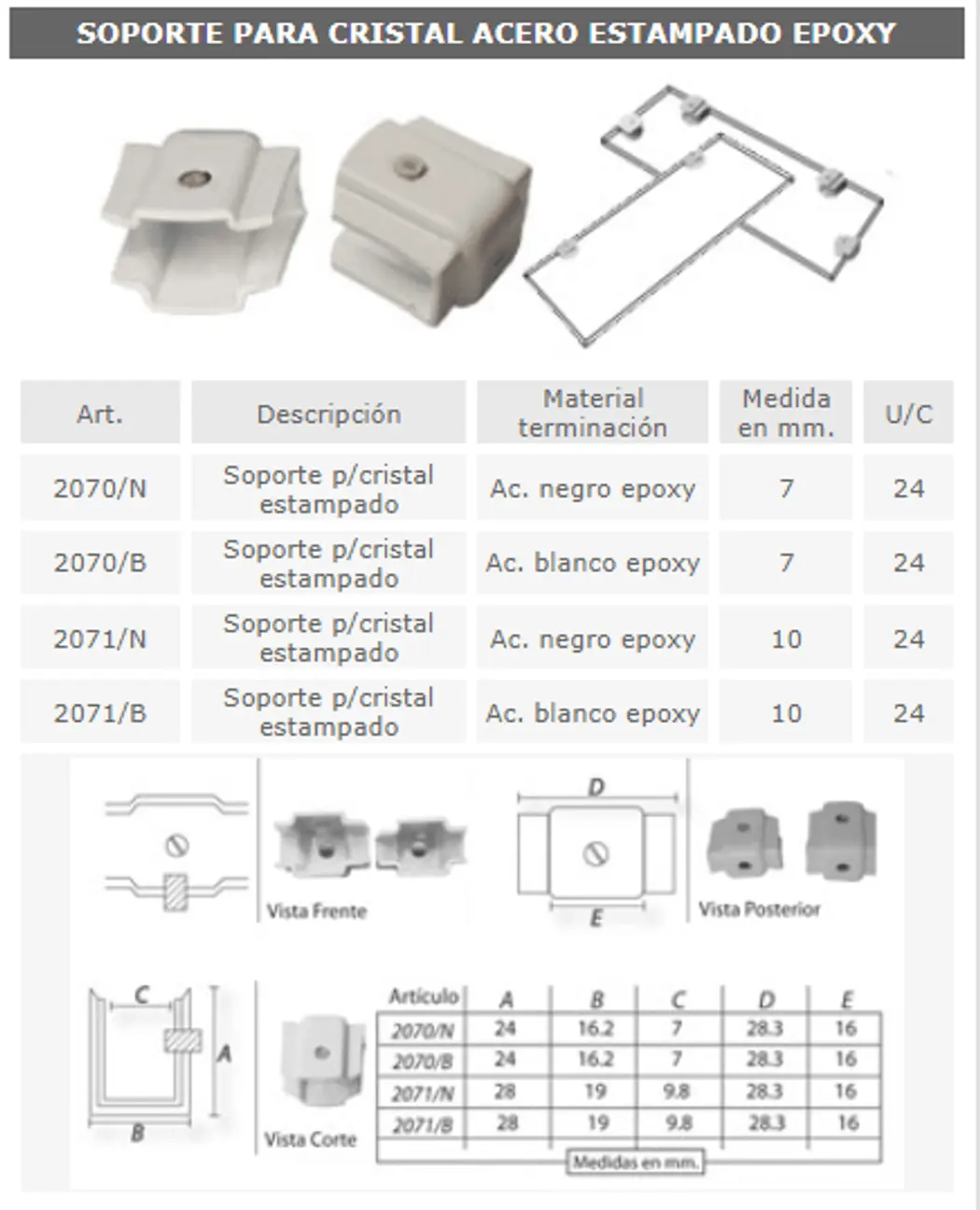 Soportes y grampas para espejo — ficha de catálogo 9